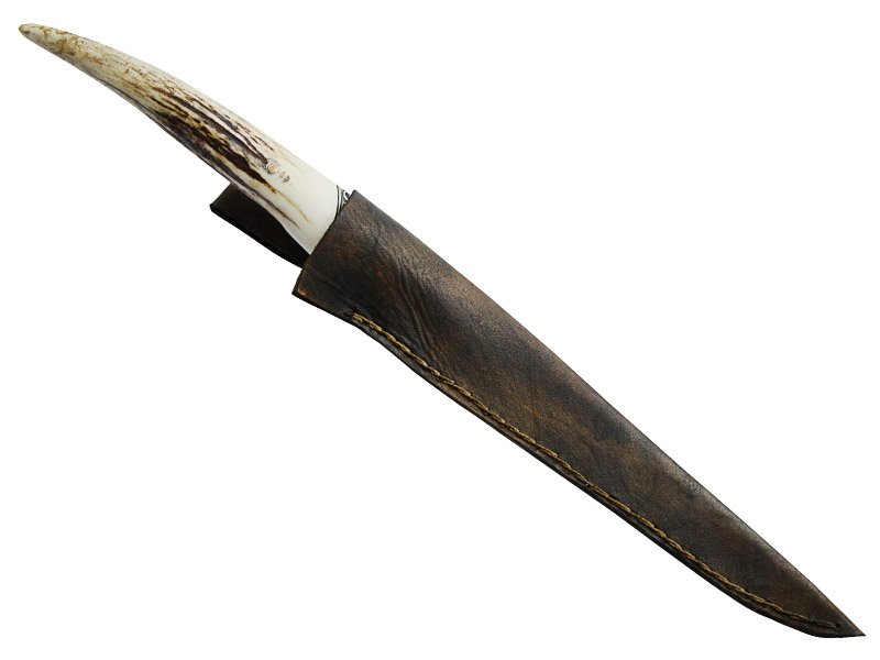 Adelar Filippon faca sangradeira para colecionador forjada em aço damasco. Empunhadura em chifre de cervo, 35 cm