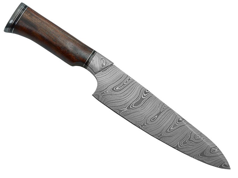 Faca bowie para colecionador em aço damasco. Empunhadura em rádica de roseira, 32 cm