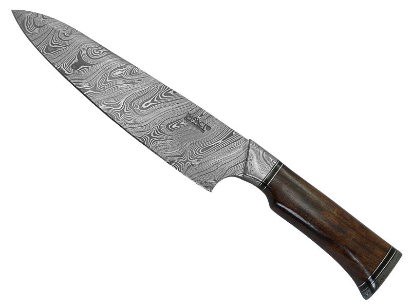Faca bowie para colecionador em aço damasco. Empunhadura em rádica de roseira, 32 cm