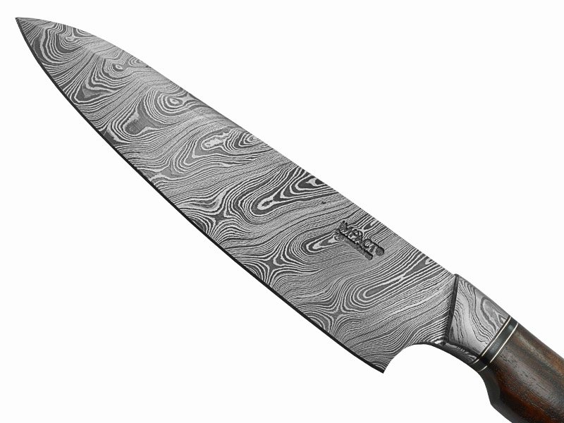 Faca bowie para colecionador em aço damasco. Empunhadura em rádica de roseira, 32 cm