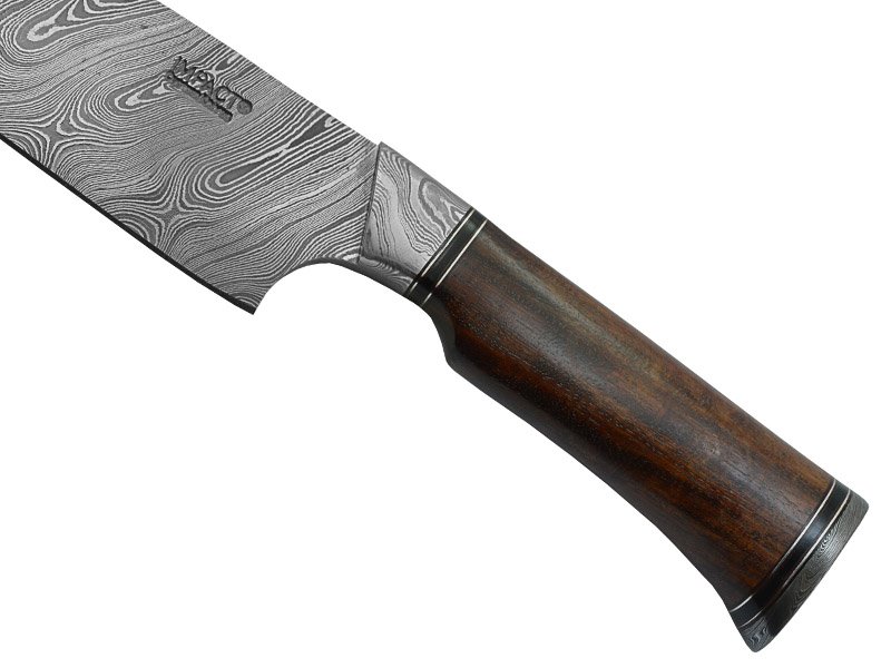 Faca bowie para colecionador em aço damasco. Empunhadura em rádica de roseira, 32 cm