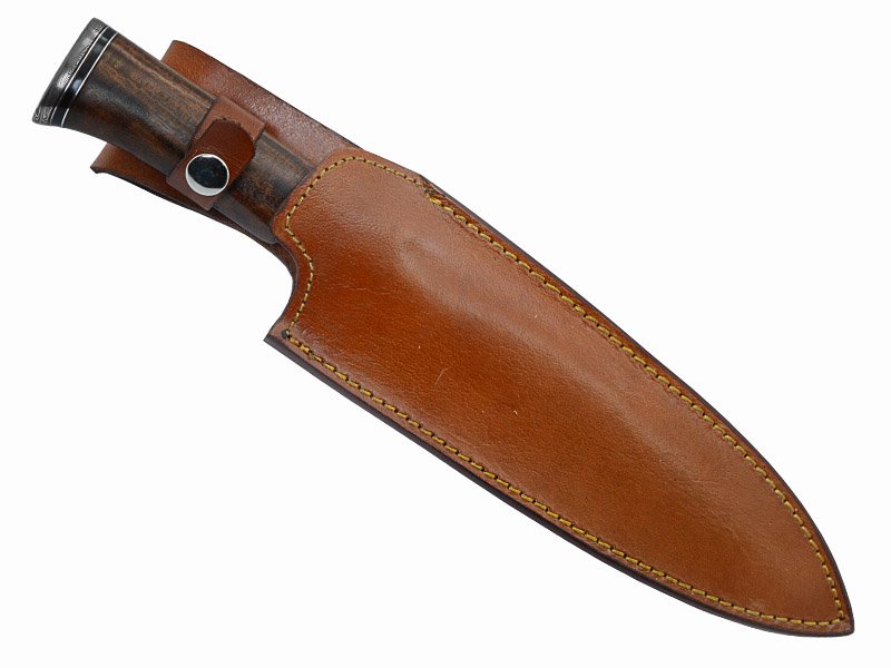 Faca bowie para colecionador em aço damasco. Empunhadura em rádica de roseira, 32 cm