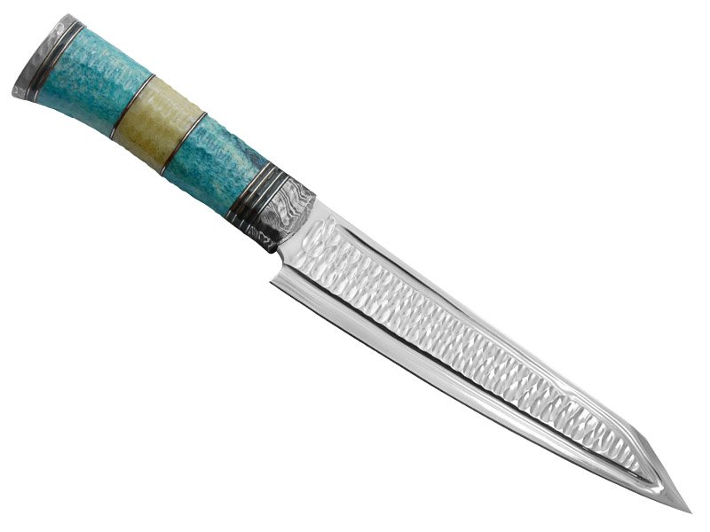 Faca bowie para colecionador em aço cirúrgico. Empunhadura em osso de boi tingido, 36 mm