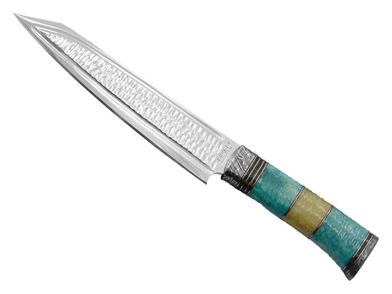 Faca bowie para colecionador em aço cirúrgico. Empunhadura em osso de boi tingido, 36 mm