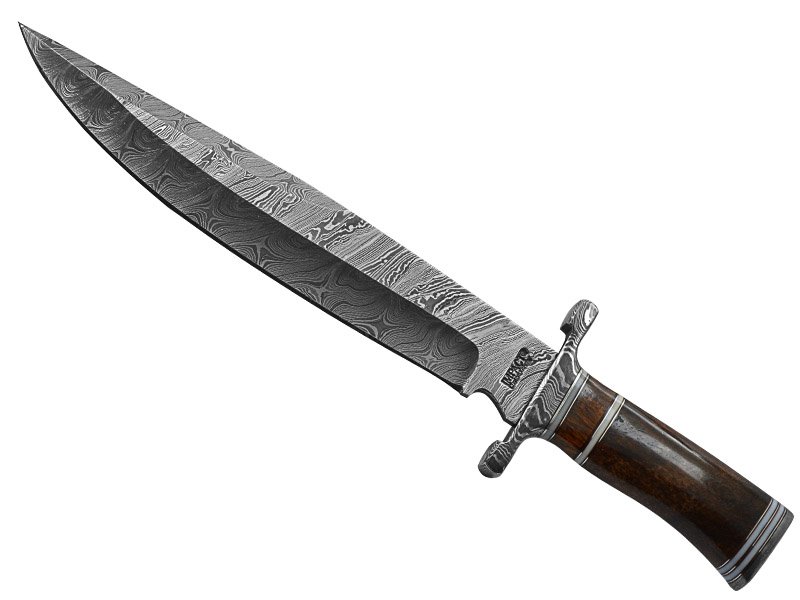Faca bowie para colecionador em aço damasco. Empunhadura em chifre de boi e jacarandá da Bahia, 44 cm