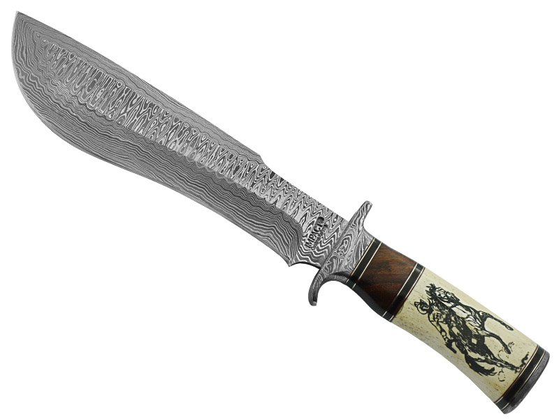 Faca bowie para colecionador em aço damasco. Empunhadura em osso de boi e Nogueira 36 cm