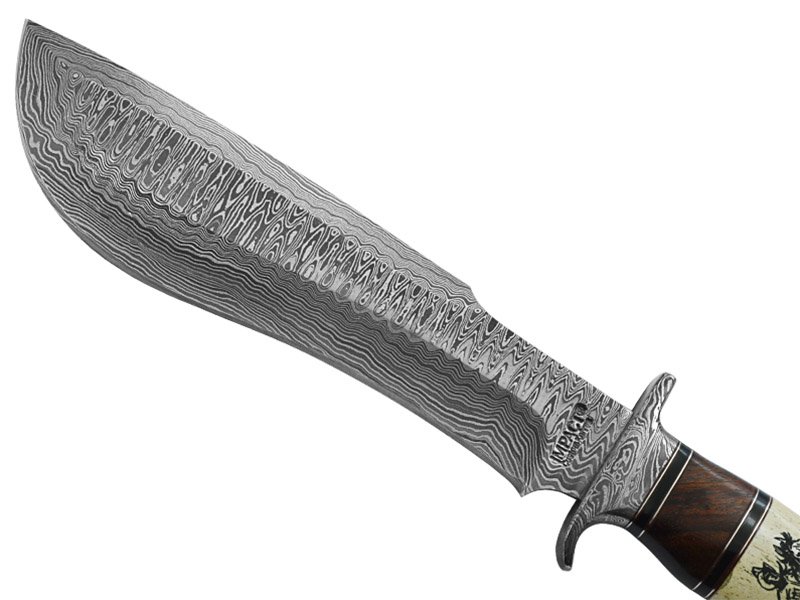 Faca bowie para colecionador em aço damasco. Empunhadura em osso de boi e Nogueira 36 cm