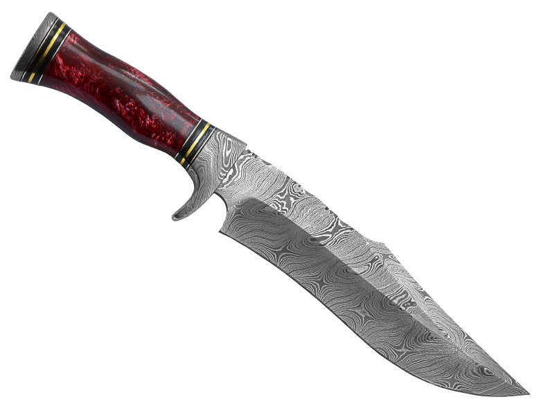 Faca bowie para colecionador em aço damasco. Empunhadura em resina, 33 cm