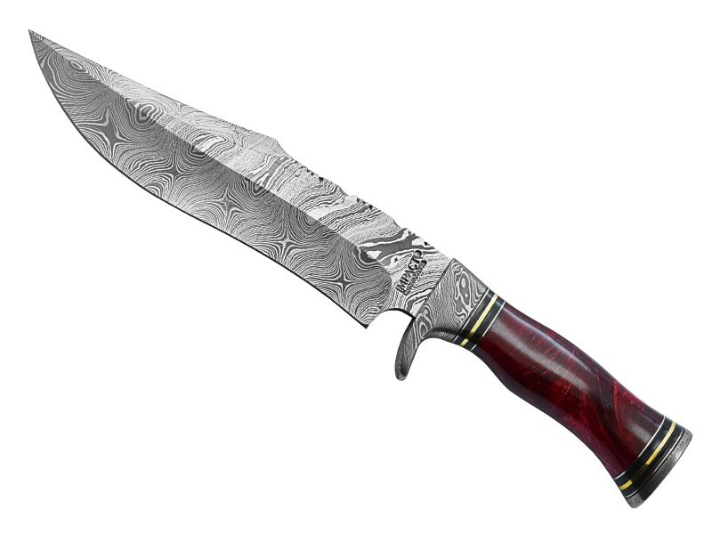 Faca bowie para colecionador em aço damasco. Empunhadura em resina, 33 cm