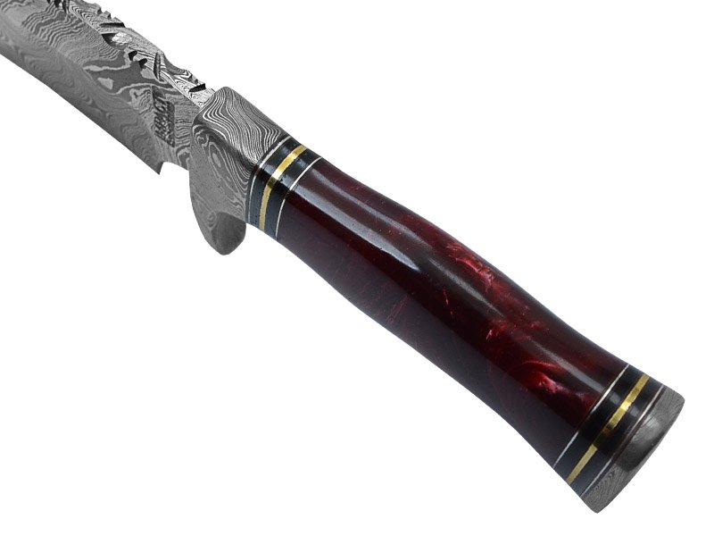 Faca bowie para colecionador em aço damasco. Empunhadura em resina, 33 cm