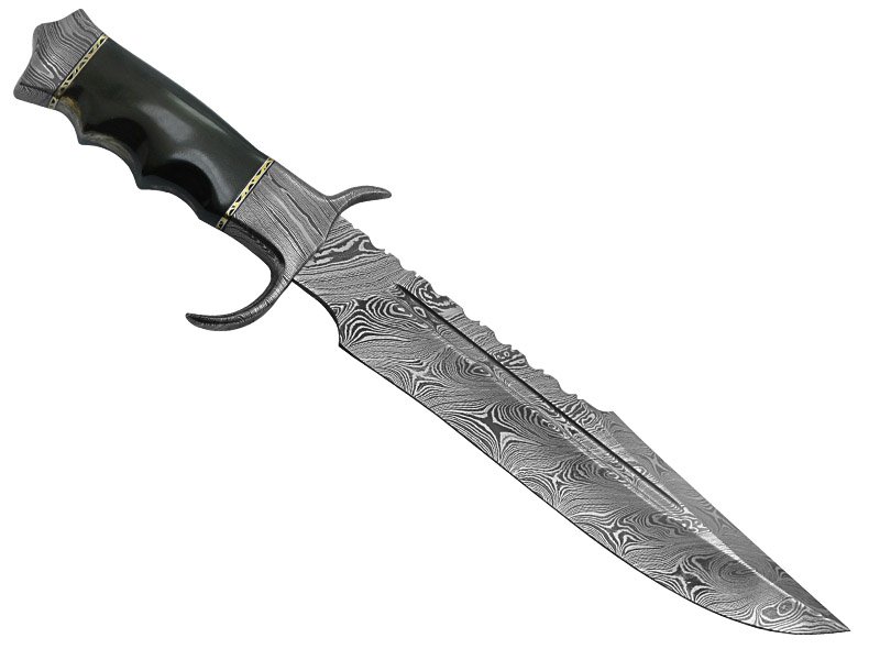 Faca bowie para colecionador em aço damasco. Empunhadura em chifre de búfalo, 41 cm