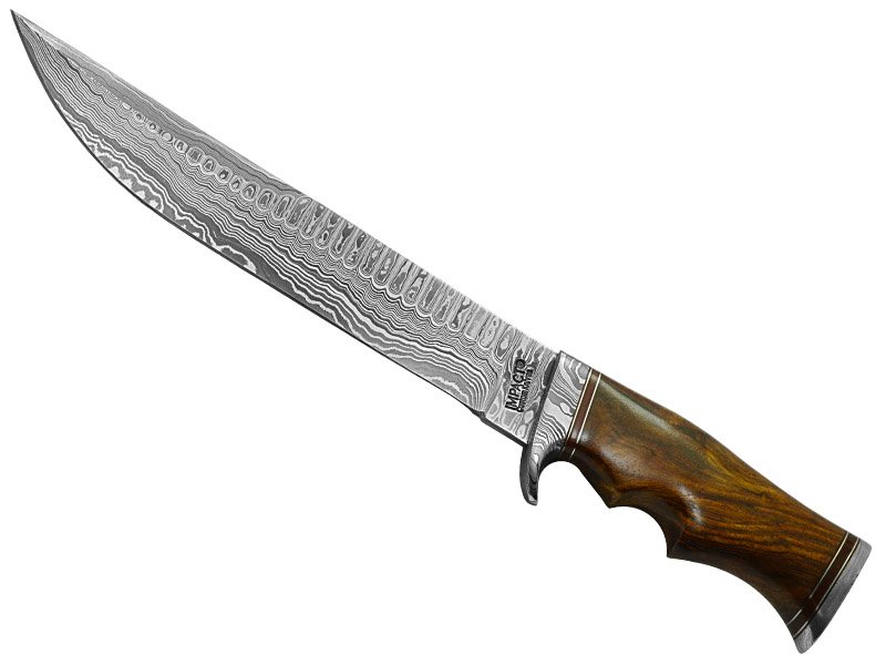 Faca bowie para colecionador em aço damasco. Empunhadura em nogueira, 37 cm