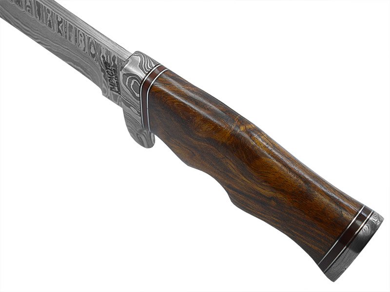 Faca bowie para colecionador em aço damasco. Empunhadura em nogueira, 37 cm