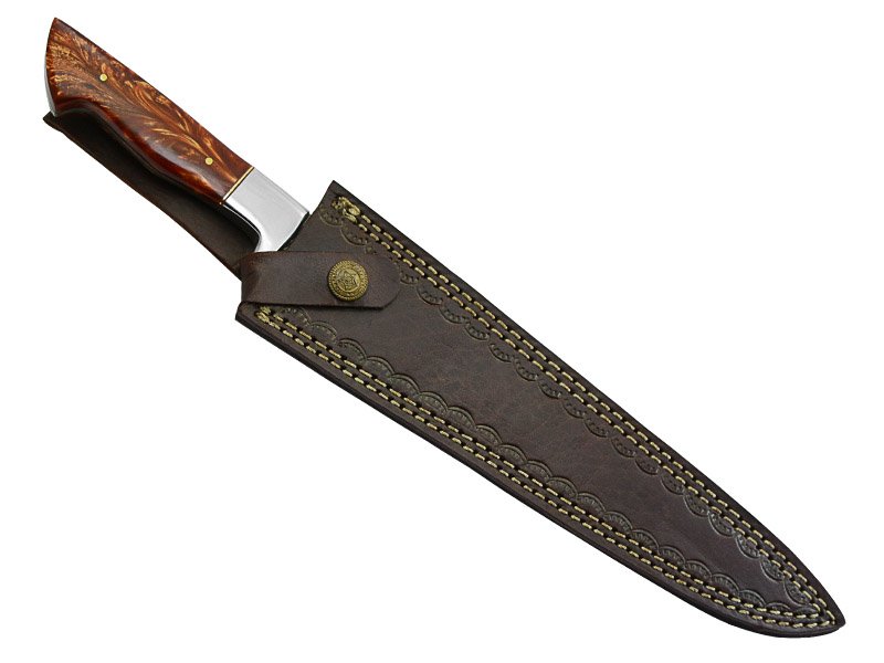 Faca sangradeira para colecionador em aço damasco. Empunhadura em resina, 36 cm
