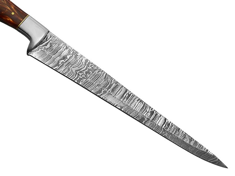 Faca sangradeira para colecionador em aço damasco. Empunhadura em resina, 36 cm
