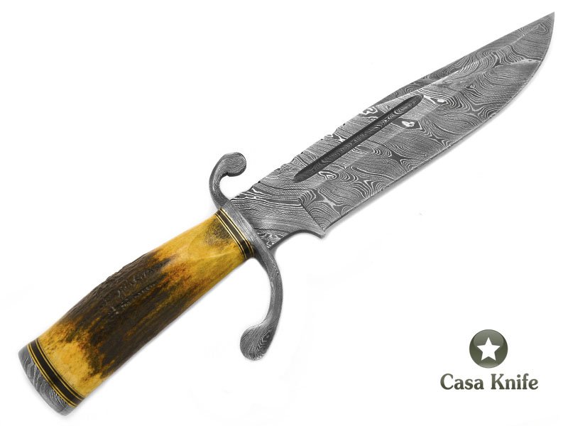 Faca Bowie para colecionador em aço damasco com empunhadura em chifre de cervo 37 cm