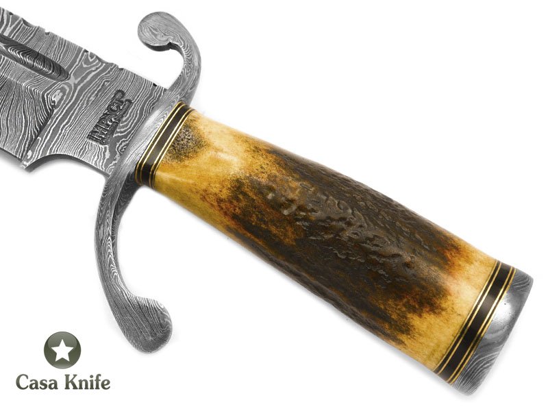 Faca Bowie para colecionador em aço damasco com empunhadura em chifre de cervo 37 cm