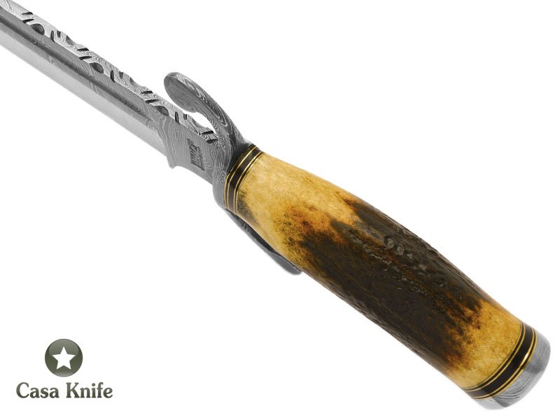 Faca Bowie para colecionador em aço damasco com empunhadura em chifre de cervo 37 cm