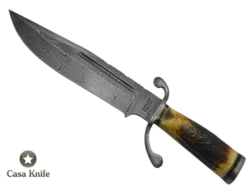 Faca Bowie para colecionador em aço damasco com empunhadura em chifre de cervo 37 cm
