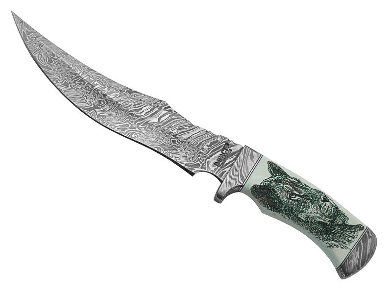Faca bowie para colecionador em aço damasco. Empunhadura em osso de búfalo, 33 cm