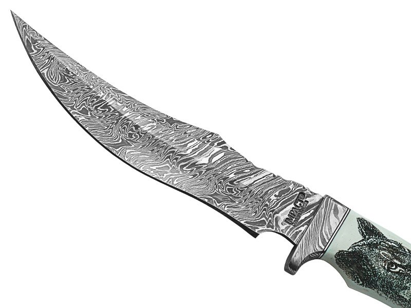 Faca bowie para colecionador em aço damasco. Empunhadura em osso de búfalo, 33 cm