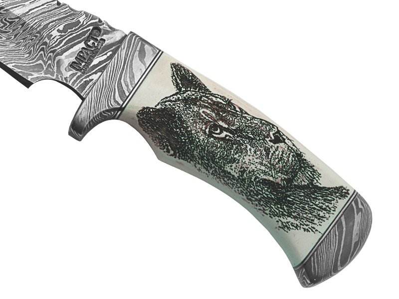 Faca bowie para colecionador em aço damasco. Empunhadura em osso de búfalo, 33 cm