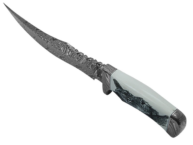 Faca bowie para colecionador em aço damasco. Empunhadura em osso de búfalo, 33 cm
