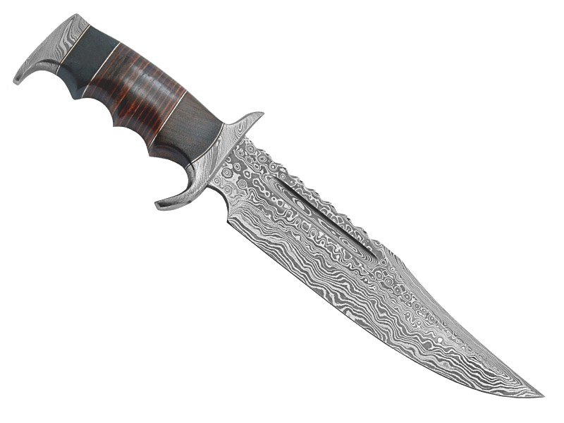 Faca bowie para colecionador em aço damasco fuller. Empunhadura em couro, 35 cm