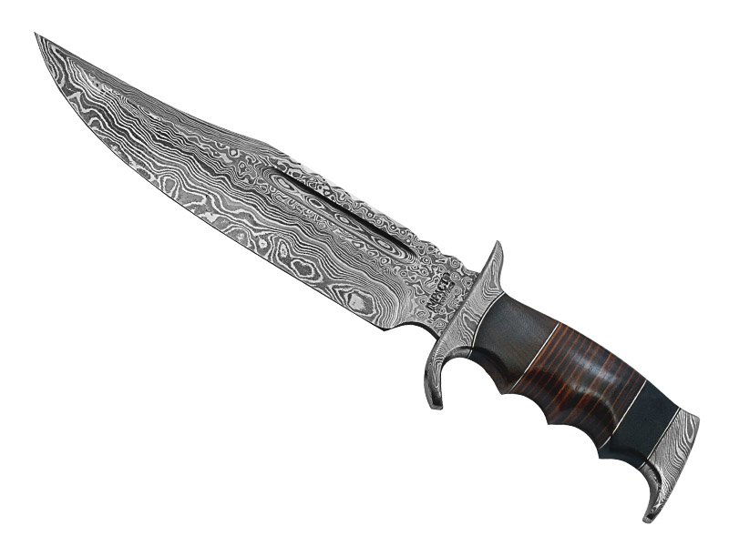 Faca bowie para colecionador em aço damasco fuller. Empunhadura em couro, 35 cm