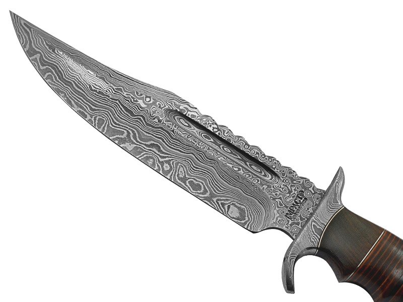 Faca bowie para colecionador em aço damasco fuller. Empunhadura em couro, 35 cm