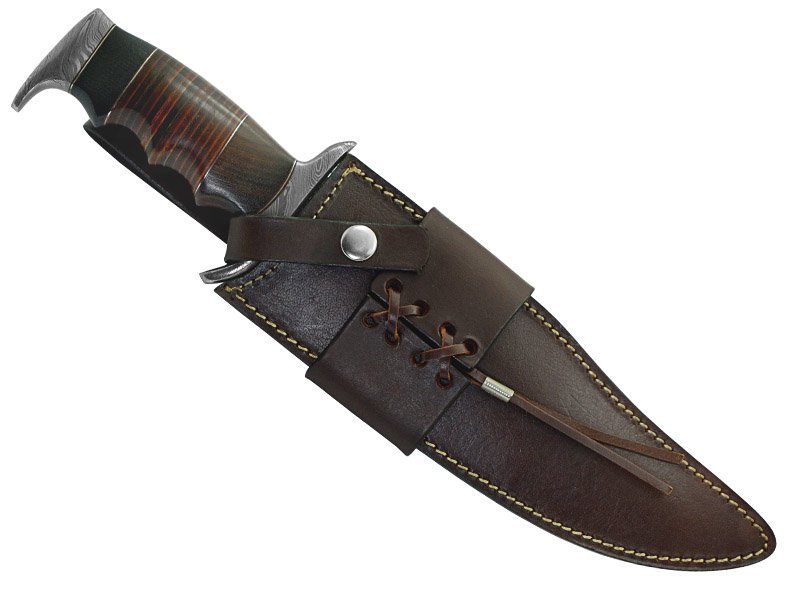 Faca bowie para colecionador em aço damasco fuller. Empunhadura em couro, 35 cm