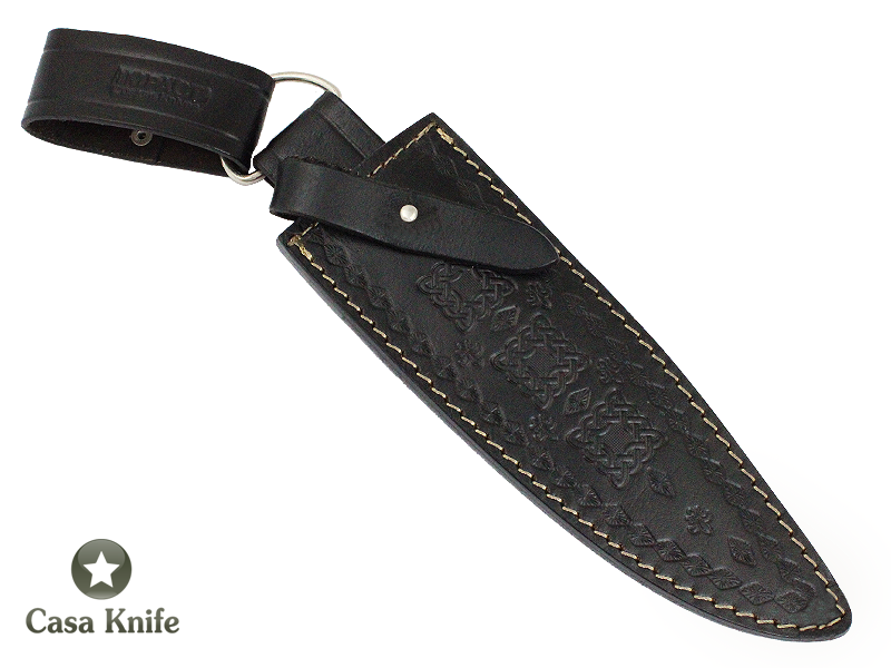 Faca Bowie para colecionador forjada em Aço Damasco. Empunhadura em Osso de Boi e Chifre de Búfalo, 34 cm.