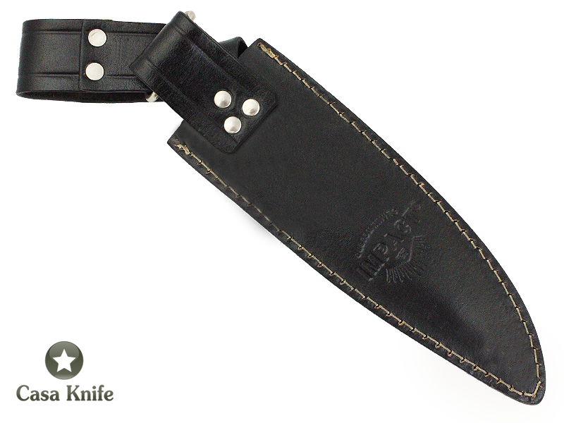 Faca Bowie para colecionador forjada em Aço Damasco. Empunhadura em Osso de Boi e Chifre de Búfalo, 34 cm.