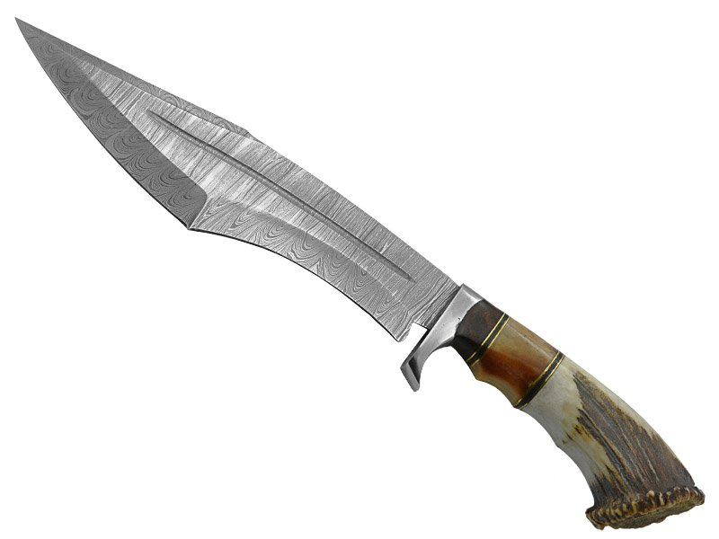 Faca Bowie para colecionador forjada em aço damasco. Empunhadura em osso de búfalo, 40 cm