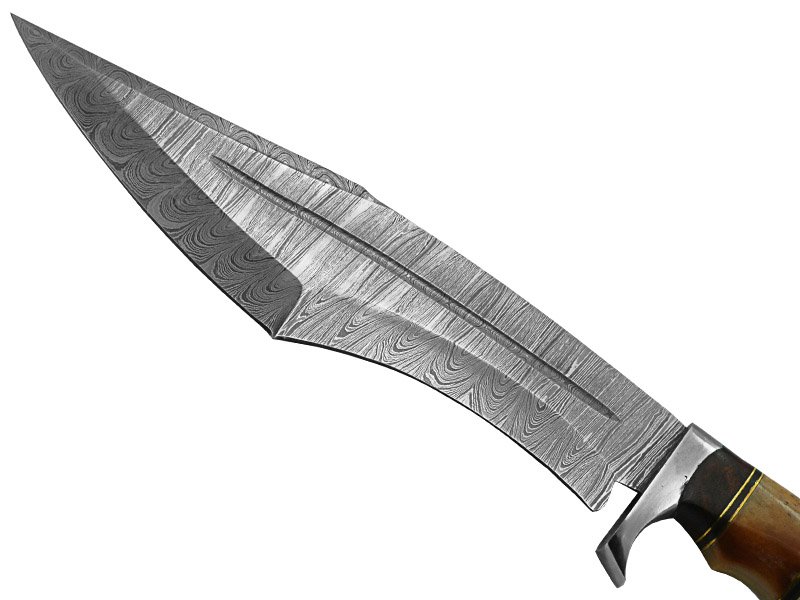 Faca Bowie para colecionador forjada em aço damasco. Empunhadura em osso de búfalo, 40 cm