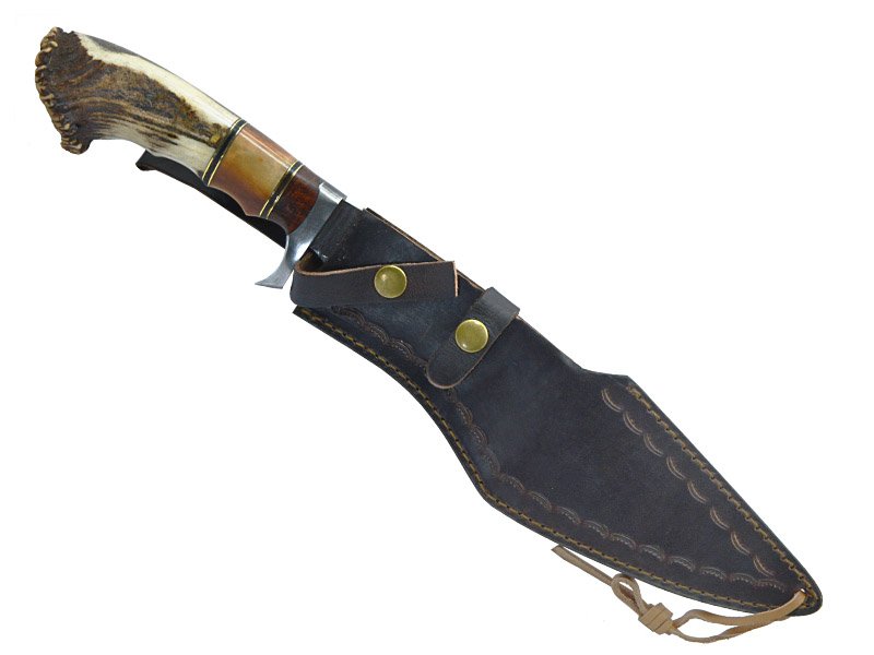 Faca Bowie para colecionador forjada em aço damasco. Empunhadura em osso de búfalo, 40 cm