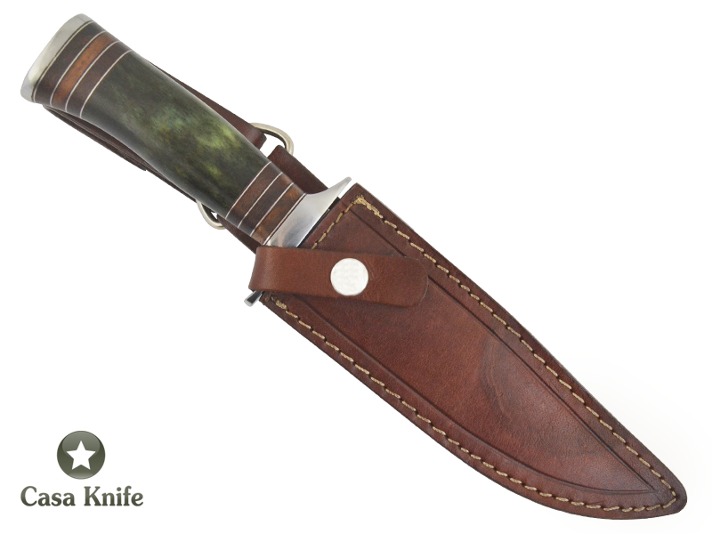 Faca Bowie para colecionador forjado em aço D2/ 60 HCR. Empunhadura em Chifre de Búfalo tingido com Madeira estabilizada, 29 cm