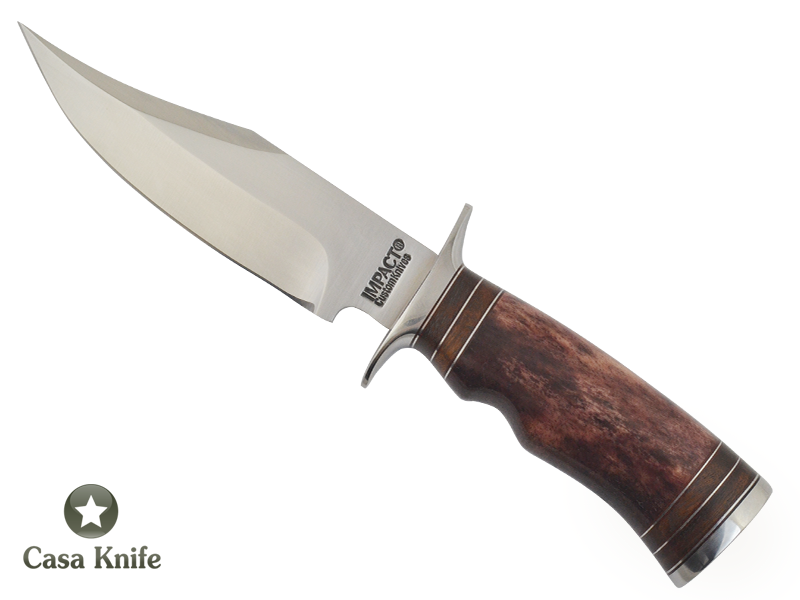 Faca Bowie para colecionador forjado em aço D2/ 60 HCR. Empunhadura em Osso de Boi e Radica Imbuia, 26 cm