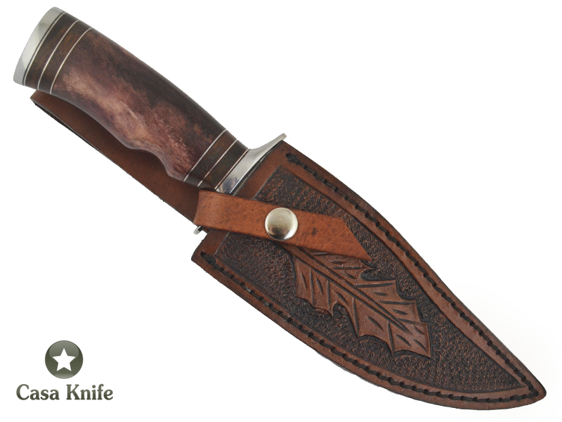 Faca Bowie para colecionador forjado em aço D2/ 60 HCR. Empunhadura em Osso de Boi e Radica Imbuia, 26 cm