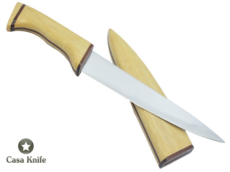 Faca Chef pequena para colecionador em aço inoxidável. Empunhadura em Marfim com Nogueira, 26 cm