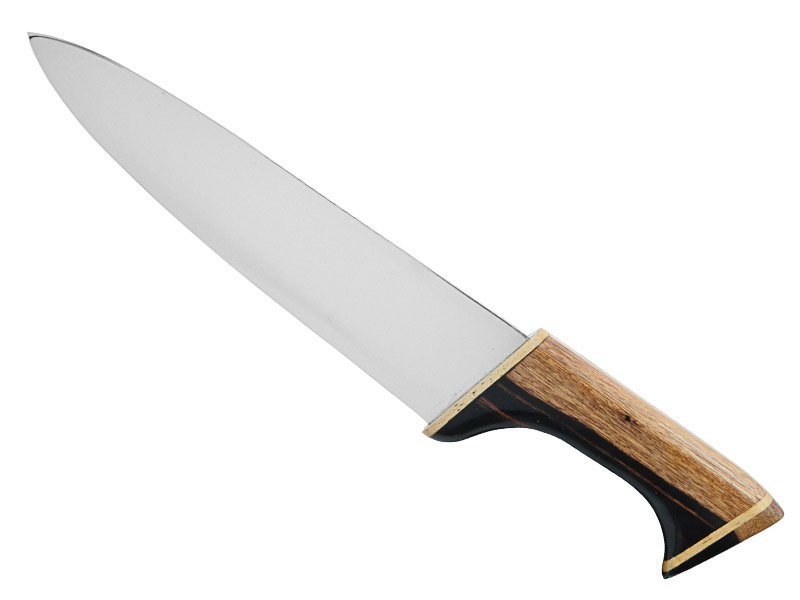 Faca chef em aço inoxidável. Empunhadura em madeira de Jacarandá da Bahia, 38 cm