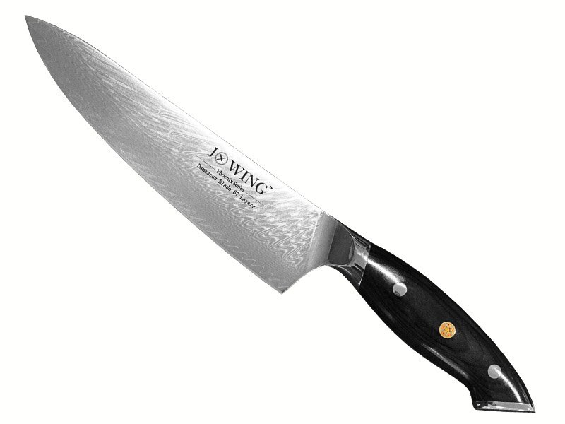 Faca Chef forjada em aço damasco. Empunhadura em fibra G10, 33 cm