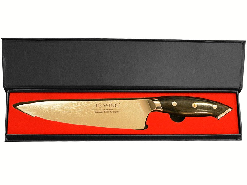 Faca Chef forjada em aço damasco. Empunhadura em fibra G10, 33 cm
