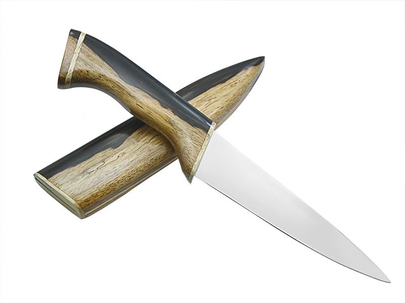 Faca chef pequena em aço inoxidável. Empunhadura em madeira de Jacarandá, 26 cm