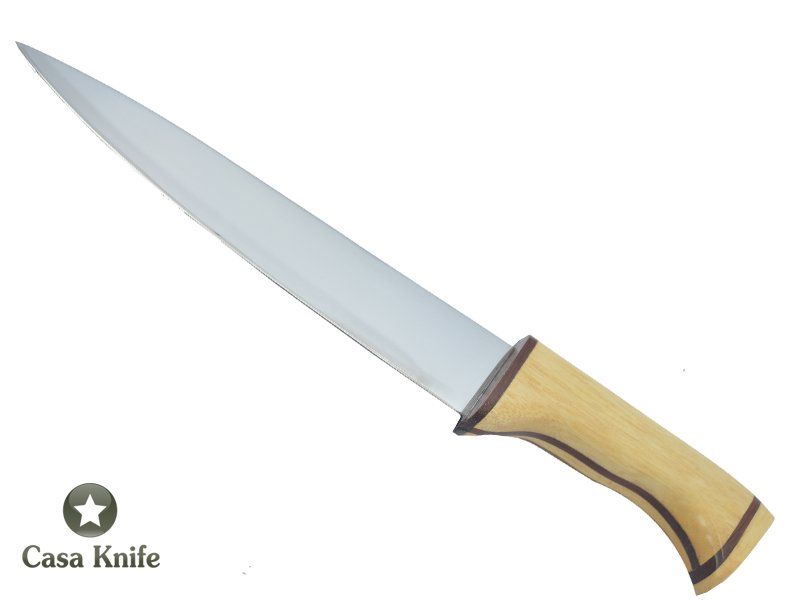 Faca Chef pequena para colecionador em aço inoxidável. Empunhadura em Marfim com Nogueira, 26 cm