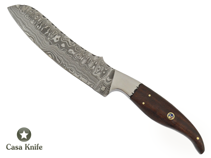 Faca Cheff churrasco para colecionador forjada em aço damasco, Empunhadura em Rádica de Roseira, 29 cm