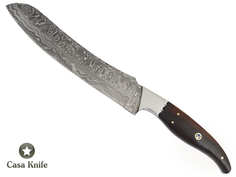 Faca Cheff churrasco para colecionador forjada em aço damasco, Empunhadura em Rádica de Roseira, 35 cm