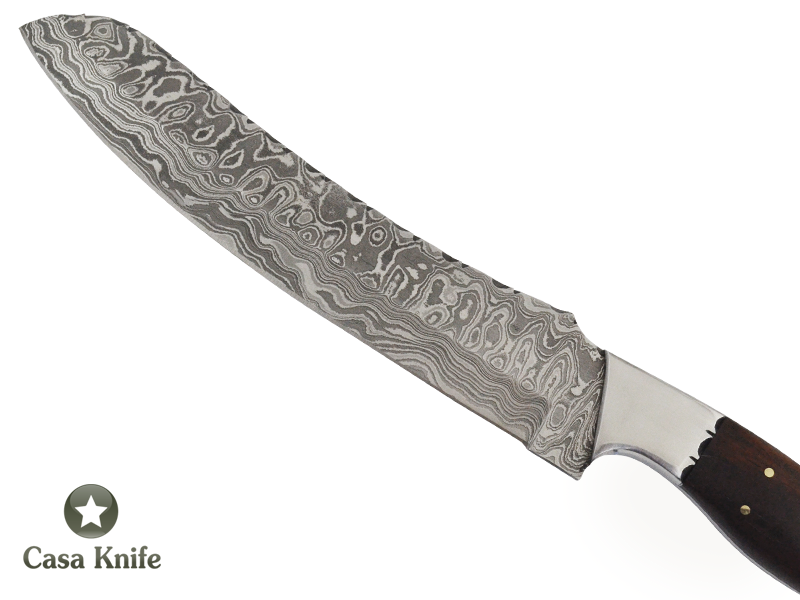 Faca Cheff churrasco para colecionador forjada em aço damasco, Empunhadura em Rádica de Roseira, 35 cm