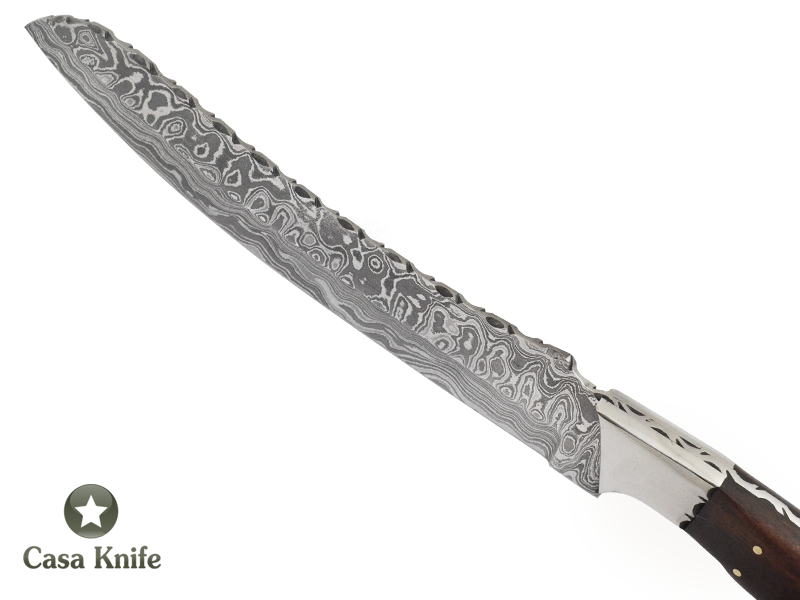 Faca Cheff churrasco para colecionador forjada em aço damasco, Empunhadura em Rádica de Roseira, 35 cm