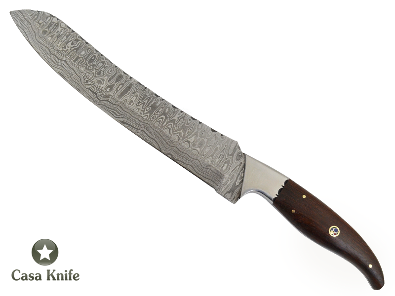 Faca Cheff churrasco para colecionador forjada em aço damasco, Empunhadura em Rádica de Roseira, 37 cm